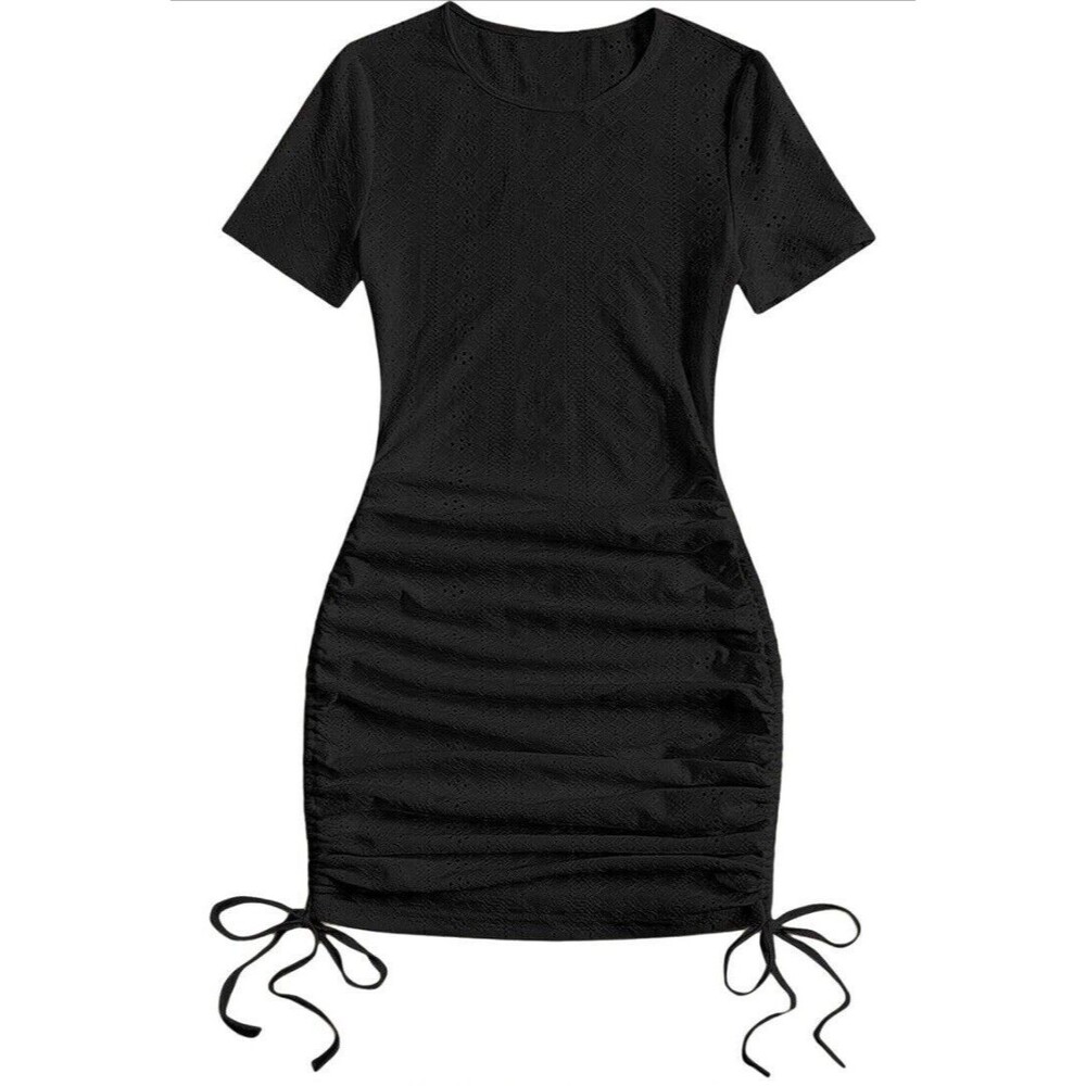 Make Me Chic Black Side Drawstring Bodycon Laser Cut Dress Small 90's Semi Sheer